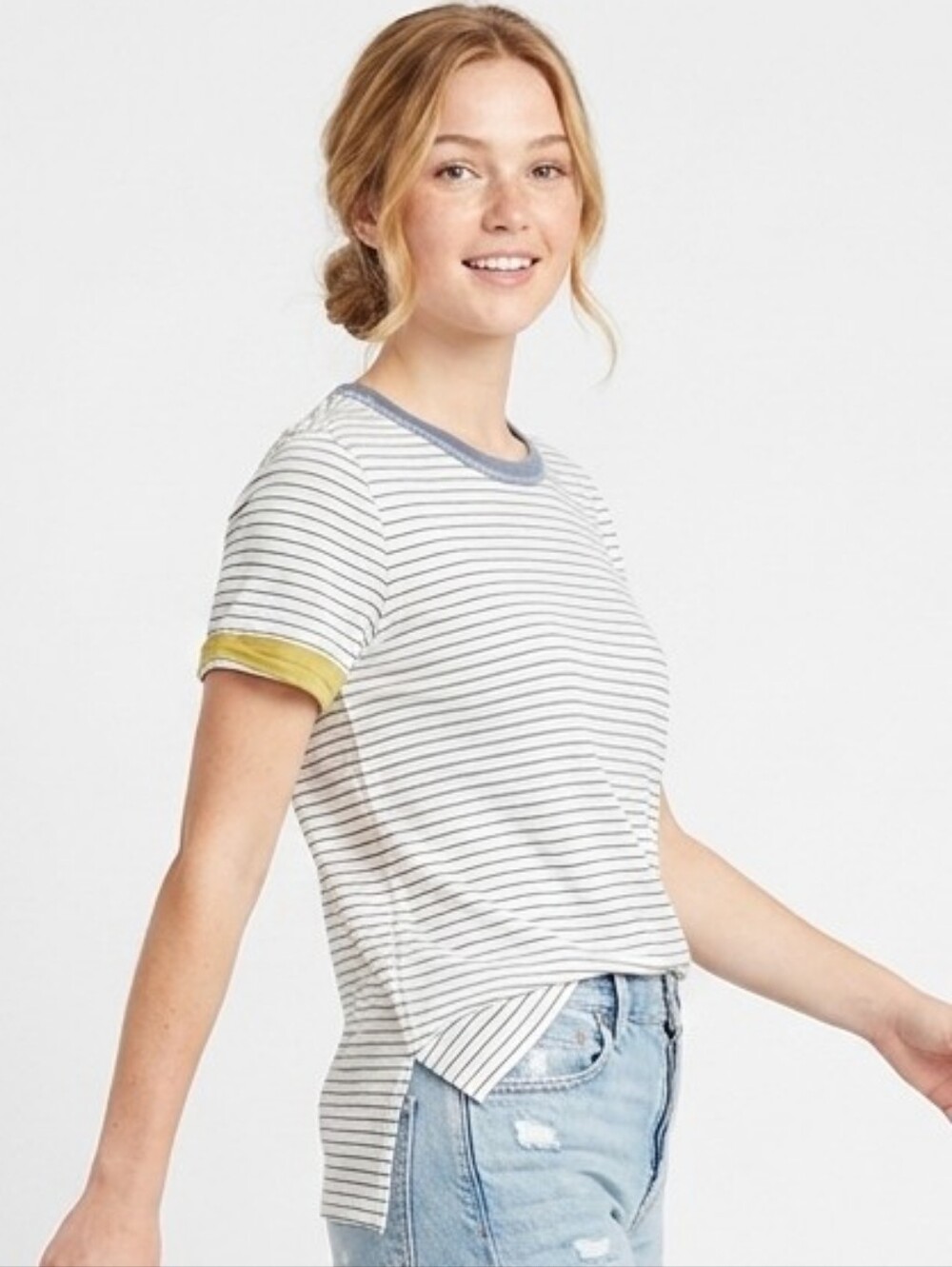 Hem & Thread White Striped Short Sleeve Tee with Blue Trim